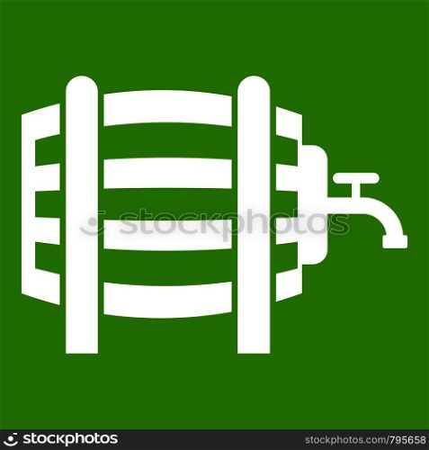 Wooden barrel with tap icon white isolated on green background. Vector illustration. Wooden barrel with tap icon green