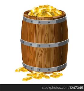 Wooden barrel with treasures, gold bars, with metal stripes. Wooden barrel with treasures, gold bars, with metal stripes, for alcohol, wine, rum, beer and other beverages, or treasures, gunpowder. Isolated on white background. Vector illustration. Cartoon style.