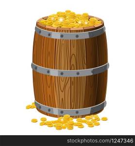 Wooden barrel with treasures, gold coins, with metal stripes. Wooden barrel with treasures, gold coins, with metal stripes, for alcohol, wine, rum, beer and other beverages, or treasures, gunpowder. Isolated on white background. Vector illustration. Cartoon style.