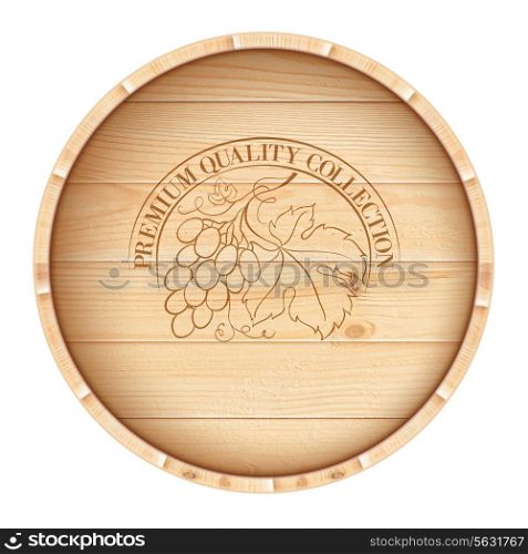 Wooden barrel with vine label isolated on white background. Vector illustration.