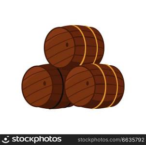 Wooden barrels with beer vector illustration isolated on white. Three casks or tuns hollow cylindrical container, made of wooden staves bound by metal hoops. Wooden Barrels with Beer Vector Illustration