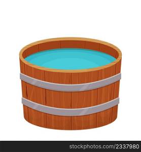 Wooden bathtub with water in cartoon flat style isolated on white background. Traditional natural sauna, bathhouse equipment. Vector illustration