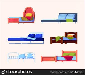 Wooden bed. Interior furniture bedding colorful mattress for relaxing garish vector flat illustrations. Furniture for interior, bed made from wooden for home. Wooden bed. Interior furniture bedding colorful mattress for relaxing garish vector flat illustrations