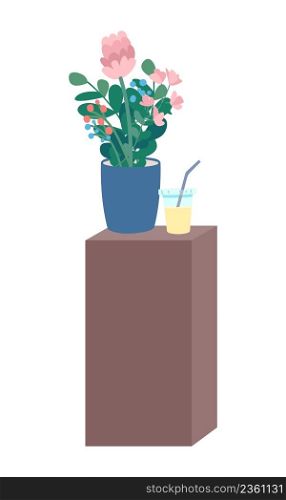 Wooden bedside with flowers and juice above semi flat color vector object. Full sized item on white. Vase with bouquet and drink simple cartoon style illustration for web graphic design and animation. Wooden bedside with flowers and juice above semi flat color vector object