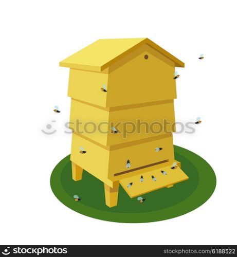 Wooden Beehive with bee on a white background. Traditional beehive. Cartoon illustration of a beehive. Stock vector