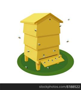 Wooden Beehive with bee on a white background. Traditional beehive. Cartoon illustration of a beehive. Stock vector