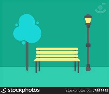 Wooden bench, abstract tree and street lamp vector isolated icons. Lantern and green plant doodle, wooden seat, cartoon elements for city park design. Wooden Bench, Abstract Tree and Street Lamp Vector