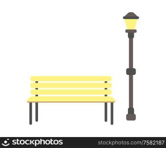 Wooden bench and lantern vector isolated icons. Srreet lamp and seat made of planks, place for rest in city park, lighting item in flat style. Wooden Bench and Lantern