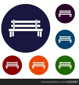 Wooden bench icons set in flat circle reb, blue and green color for web. Wooden bench icons set