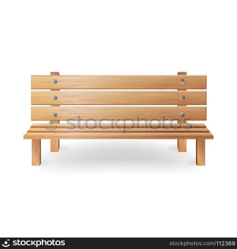 Wooden Bench Realistic Vector Illustration. Single Wooden Park Bench On White. Wooden Bench Realistic Vector Illustration. Single Wooden Park Bench