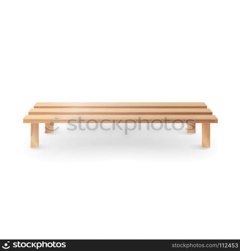 Wooden Bench Realistic Vector Illustration. Single Wooden Park Bench On White. Wooden Bench Realistic Vector Illustration. Single Wooden Park Bench