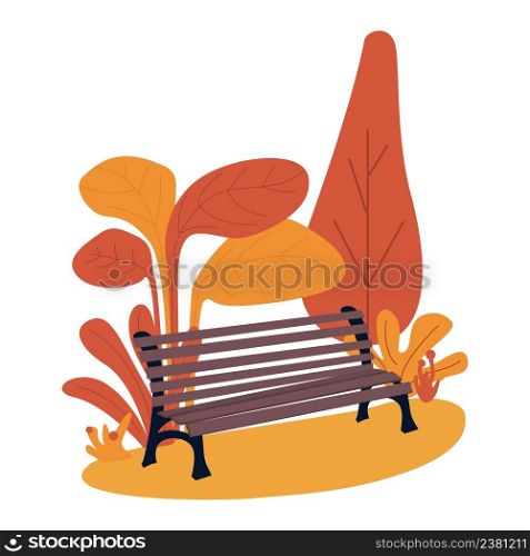 Wooden bench surrounded by autumn scenery semi flat color vector object. Full sized item on white. Park, forest. Nature preserve simple cartoon style illustration for web graphic design and animation. Wooden bench surrounded by autumn scenery semi flat color vector object