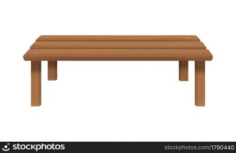 Wooden bench without back isolated on white background. Outdoor sitting furniture for patio, porch, garden, park. Front view. Vector cartoon illustration.. Wooden bench without back isolated on white background. Outdoor sitting furniture for patio, porch, garden, park. Front view. Vector cartoon illustration