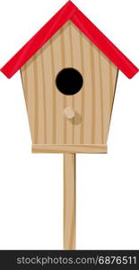 Wooden birdhouse with a red roof view from the entrance side