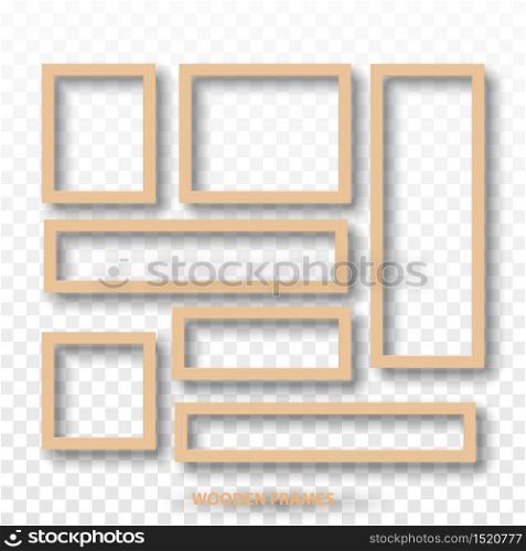Wooden blank frames isolated on transparent background, vector illustration