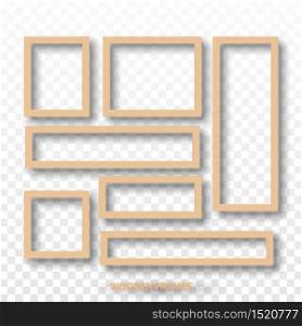 Wooden blank frames isolated on transparent background, vector illustration