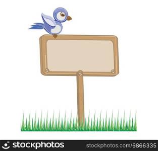 wooden board with grass and bird illustratio