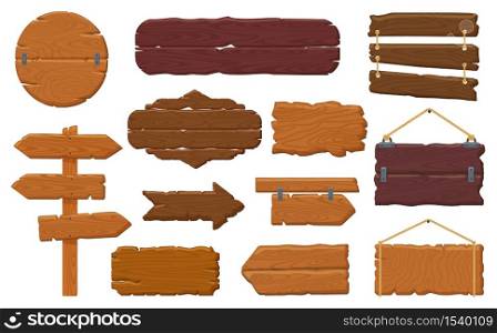 Wooden boards. Rustic wooden signboard, empty banners, hanging billboard and retro wood signs vector illustration icons set. Board wooden vintage, road banner panel arrow. Wooden boards. Rustic wooden signboard, empty banners, hanging billboard and retro wood signs vector illustration icons set