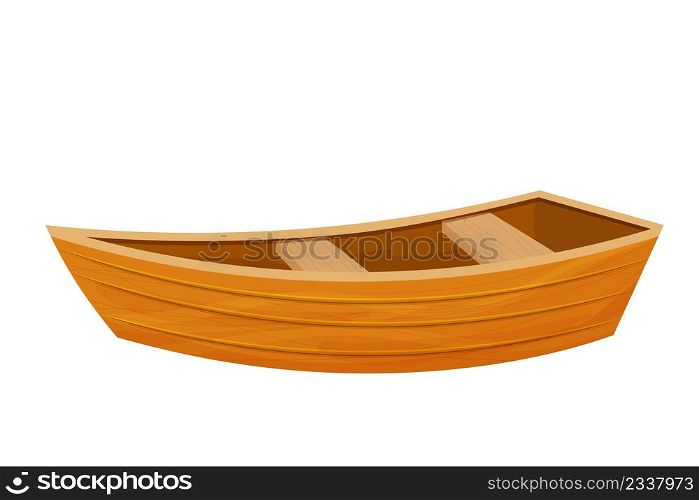 Wooden boat, canoe in cartoon flat style isolated on white background. Fishing equipment for lake or sea. Retro small transport. Vector illustration