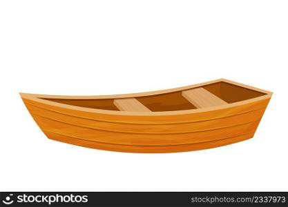 Wooden boat, canoe in cartoon flat style isolated on white background. Fishing equipment for lake or sea. Retro small transport. Vector illustration