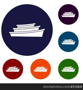 Wooden boat icons set in flat circle reb, blue and green color for web. Wooden boat icons set