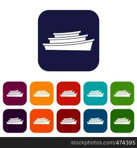 Wooden boat icons set vector illustration in flat style In colors red, blue, green and other. Wooden boat icons set