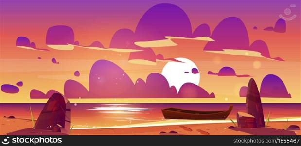 Wooden boat on dusk sea, sunset seascape, evening ocean picturesque landscape. Nature background with lonely skiff moored on rocky shore under pink and purple beautiful sky Cartoon vector illustration. Wooden boat on dusk sea, sunset seascape view