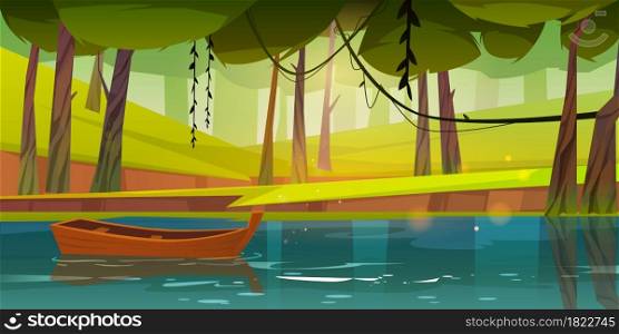 Wooden boat on forest lake, pond or river with deciduous trees around. Lonely wood skiff float on water surface at beautiful summer wood, scenery tranquil landscape, Cartoon vector illustration. Wooden boat float on forest lake, pond or river