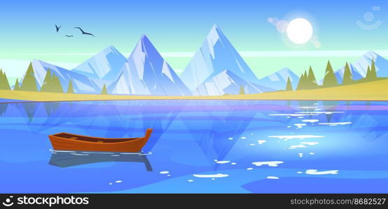 Wooden boat on lake, pond or river with mountains and spruce trees around. Lonely wood skiff at beautiful landscape with birds flying in blue sunny sky above water surface, Cartoon vector illustration. Wooden boat on lake, pond or river with mountains