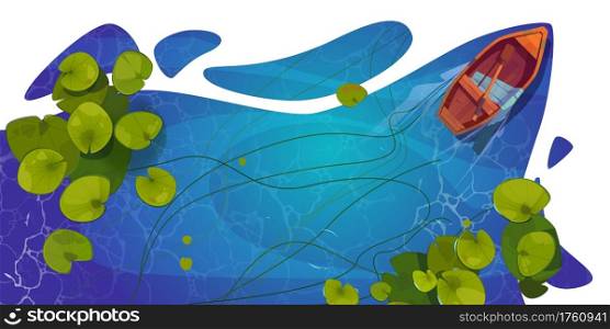 Wooden boat on lake top view, skiff with paddle and silk scarf on wild pond with nenuphars or water lily pads. Natural background with lotus leaves, green waterlily plants, Cartoon vector illustration. Wooden boat on lake top view, natural background