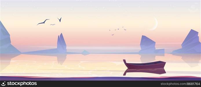 Wooden boat on sea, lake or pond scenery landscape, picturesque nature background with lonely skiff floating on calm water at early morning with birds flying in pink sky, Cartoon vector illustration. Wooden boat on sea, lake or pond scenery landscape