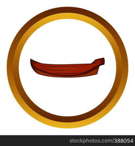 Wooden boat vector icon in golden circle, cartoon style isolated on white background. Wooden boat vector icon