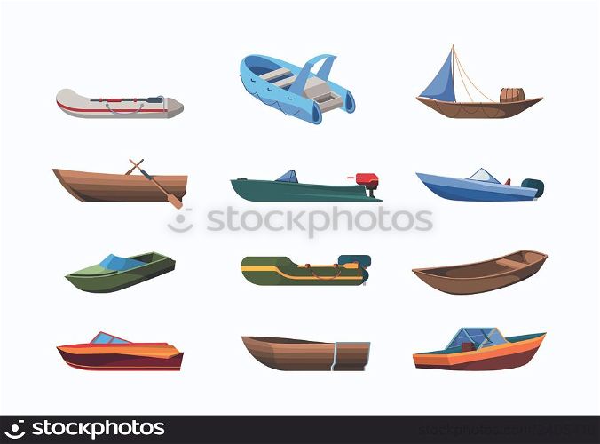 Wooden boats. Sea or ocean transport boats little ships garish vector cartoon water vehicles. Illustration of sea boat wooden, vessel isolated. Wooden boats. Sea or ocean transport boats little ships garish vector cartoon water vehicles