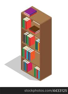 Wooden Bookcase Full of Textbooks Illustration. Tall wooden bookcase full of educational textbooks in colorful hardcovers isolated cartoon vector illustration on white background.