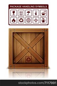 Wooden box and package handling symbols icons set realistic vector illustration. Wooden crate or cargo box for storage, transportation and delivery of product with postal symbols, isolated on white. Wooden box and package symbols vector