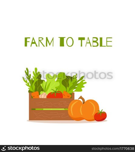 Wooden box with vegetables colorful cartoon vector illustration. Vegetarian nutrition market concept: onion pumpkin tomato carrot salad and other product. Organic healthy food harvest delivery package. Eat local organic products cartoon vector concept. Colorful illustration of happy farmer
