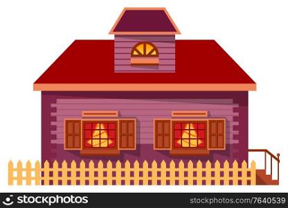 Wooden building, housing for family. Facade, front exterior of home with vector windows and roof, stairs and fence. Residence in village for living out of town. House isolated cottage, cartoon style. Building, Facade Exterior of House in Village