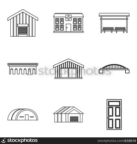 Wooden building icons set. Outline set of 9 wooden building vector icons for web isolated on white background. Wooden building icons set, outline style