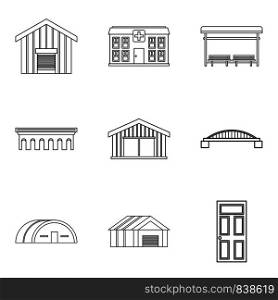 Wooden building icons set. Outline set of 9 wooden building vector icons for web isolated on white background. Wooden building icons set, outline style