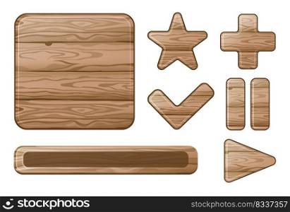Wooden buttons of different shapes vector illustrations set. Play, stop, check, star buttons with wood texture, progress bar on white background. User interface concept for game, app or website design