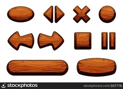 Wooden buttons set for game ui. Vector cartoon illustrations. Game wood button texture for interface. Wooden buttons set for game ui. Vector cartoon illustrations