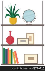 Wooden cabinet or rack with shelves, decorations. Office or home furniture isolated on white background. Books, potted grass, vase, mirror on shelves. Furniture, interior element, open cabinet. Books, potted grass, vase, mirror on shelves of ambry. Wooden cabinet or rack with decorations
