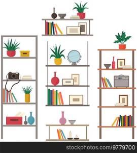 Wooden cabinets or racks with shelves isolated on white background. Books, potted grass, vase, mirror, camera and radio on shelves. Furniture, interior element, open cabinet. Furniture with decoration. Wooden cabinets or racks with shelves. Interior furniture with decoration vector illustration