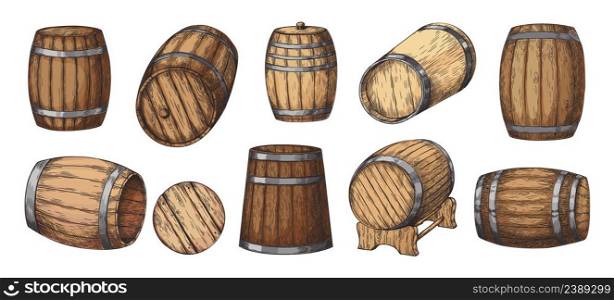 Wooden cask. Sketch of vintage beer keg. Old rum, whiskey and wine oak barrel. Alcohol drinks storage. Isolated retro winemaker beverage tanks. Vector hand drawn brewery or winery containers set. Wooden cask. Sketch of vintage beer keg. Old rum, whiskey and wine barrel. Alcohol drinks storage. Isolated winemaker beverage tanks. Vector hand drawn brewery or winery containers set