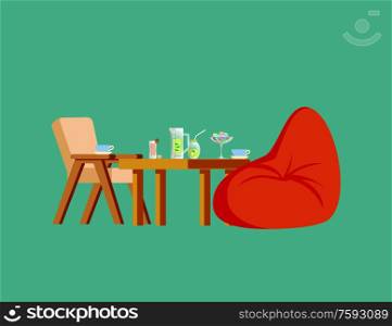 Wooden chair and big soft bag, fresh fruit drink in glass, sweets and ceramic cup with saucer on table. Modern 3D view of place with cocktails vector. Wooden Chair, Table, Soft Bag, Fresh Drink Vector