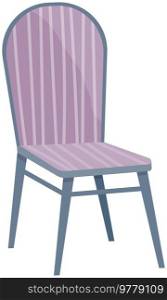 Wooden chair with long legs with purple back. Comfortable element of house interior. Furniture for seating made of wood. Classic detailed chair, home wooden furniture isolated on white background. Classic detailed chair, home wooden furniture for seating. Comfortable element of house interior