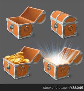 Wooden chest. Treasure coffer, old shiny gold case and lock closed or open empty chests. Pirates treasure or golden coins in ancient chest. 3d realistic vector illustration isolated icons set. Wooden chest. Treasure coffer, old shiny gold case and lock closed or open empty chests 3d vector illustration set