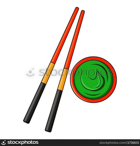 Wooden chopsticks and wasabi icon. Cartoon illustration of wooden chopsticks and wasabi vector icon for web. Wooden chopsticks and wasabi icon, cartoon style