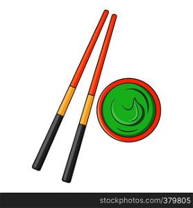Wooden chopsticks and wasabi icon. Cartoon illustration of wooden chopsticks and wasabi vector icon for web. Wooden chopsticks and wasabi icon, cartoon style