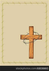 Wooden Christian Cross With Barbed Wire Vector Art
